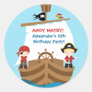 Rond Sticker de fête d'anniversaire de bateau pirate
