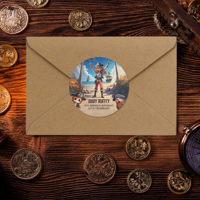 Rond Sticker de fête d'anniversaire de la fille pirate  (Créateur téléchargé)