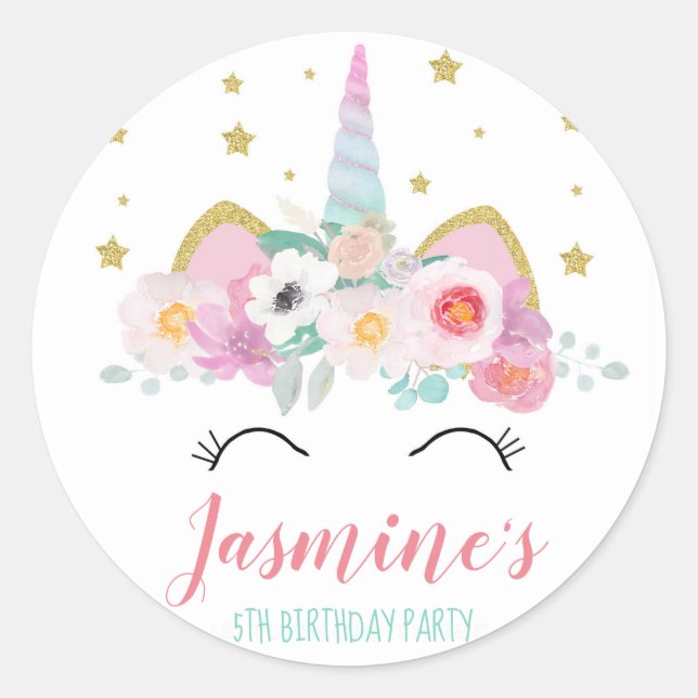 Rond sticker de fête d'anniversaire de la licorne de fa (Devant)