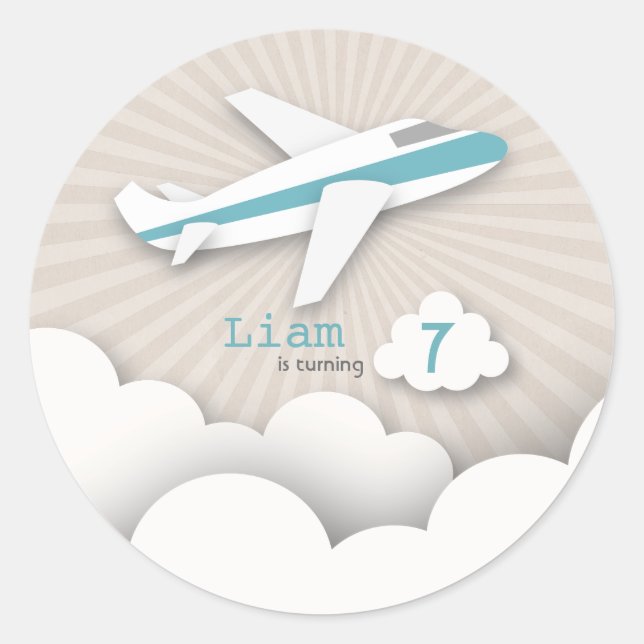 Rond Sticker de fête d'anniversaire de l'avion bleu (Devant)