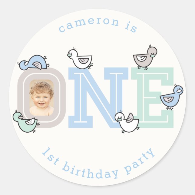 Rond Sticker de fête d'anniversaire ONE Blue Baby Duckl (Devant)