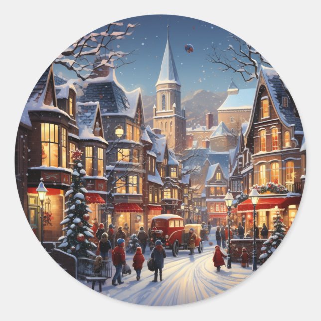 Rond Sticker de fête de Noël de la ville d'hiver (Devant)
