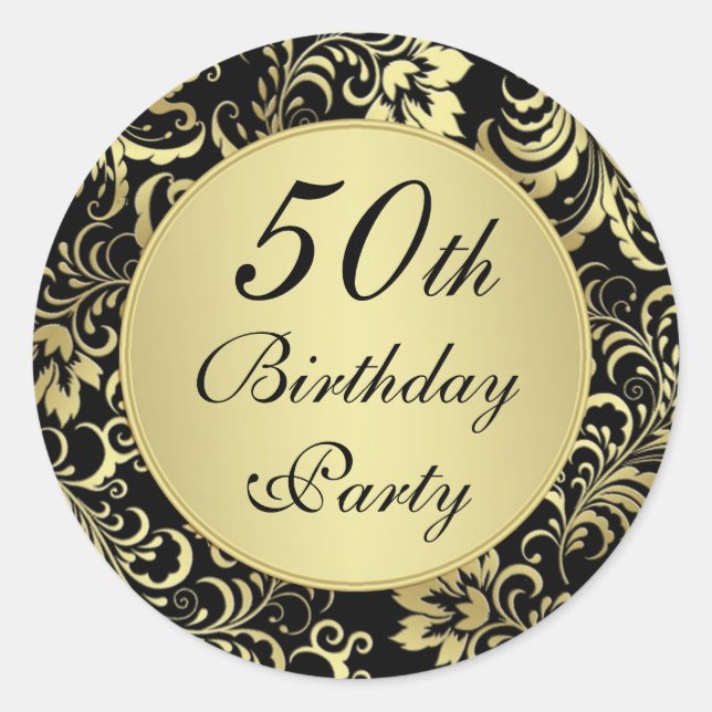 Rond Sticker de fête du 50e anniversaire noir et or (Devant)