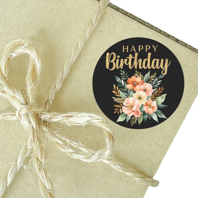 Rond Sticker de fleurs d'aquarelle d'anniversaire heure (Happy Birthday Watercolor Flowers Sticker Mockup 1)