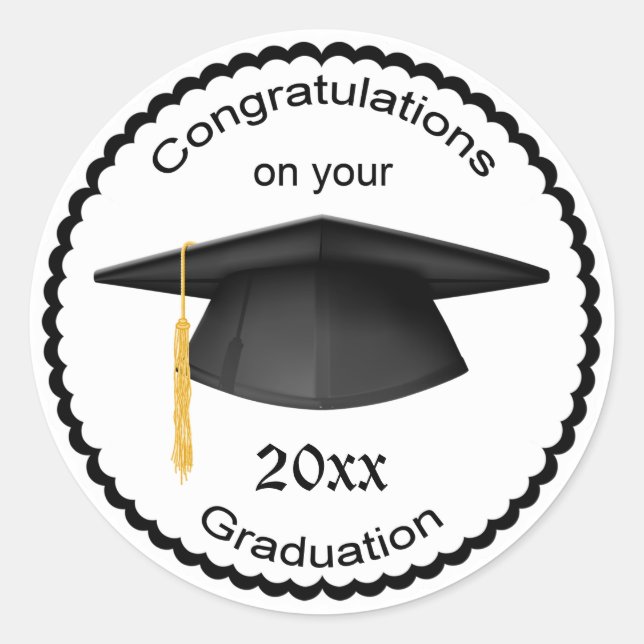 Rond Sticker de graduation de mortier noir et blanc (Devant)