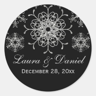 Rond Sticker de Mariage de flocon de neige noir, Partie