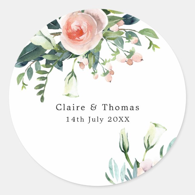 Rond Sticker de mariage floral rose et blanc (Devant)