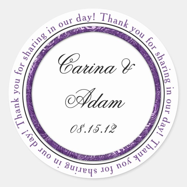 Rond Sticker de mariage Merci noir violet Favor (Devant)