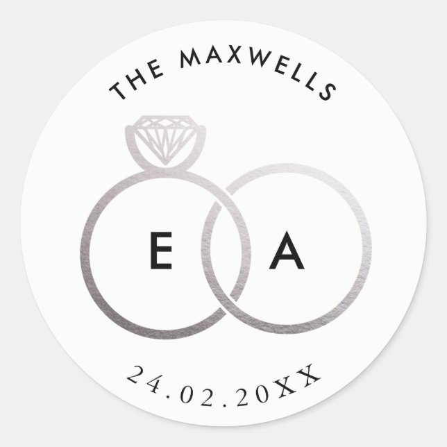 Rond Sticker de mariage personnalisé avec anneaux d'arg (Devant)