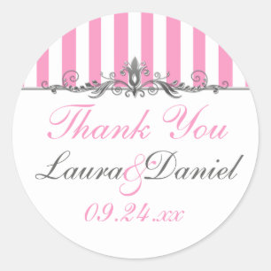 Rond Sticker de mariage rayé rose et blanc Favor