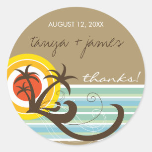 Rond Sticker de mariage Tropical Palm Trees Sunset Beac