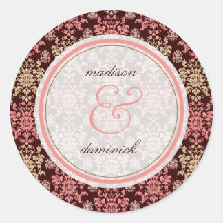 Rond Sticker de mariage vintage Damask Pink Lace