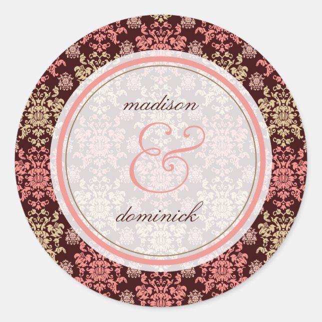 Rond Sticker de mariage vintage Damask Pink Lace (Devant)