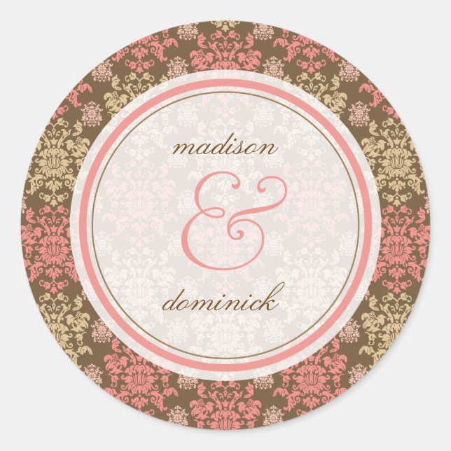 Rond Sticker de mariage vintage Damask Pink Lace (Devant)