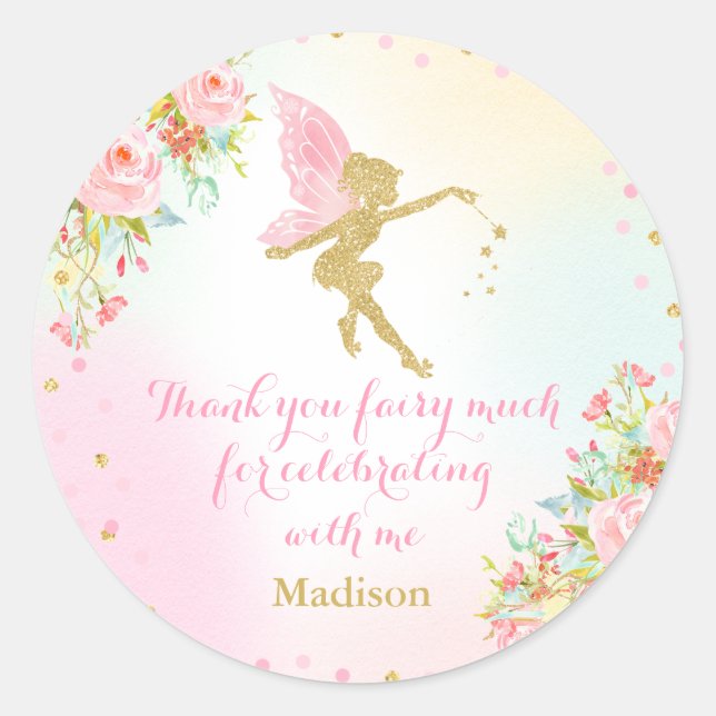 Rond Sticker de marque Fairy Pink & Gold Party Favorise (Devant)