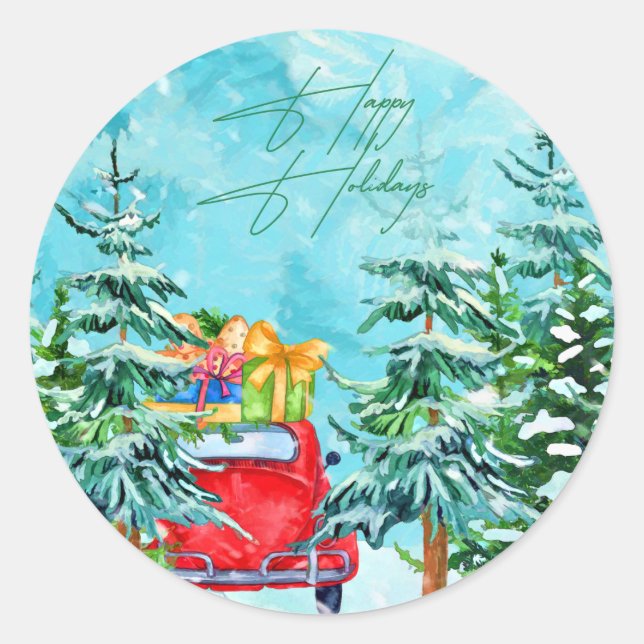 Rond Sticker de Noël Aquarelle tendance Happy Holidays (Devant)