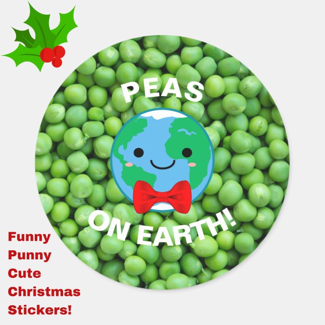 Rond Sticker de Noël drôle "Pois sur Terre" Punny migno (Peas on Earth and Goodwill to All! Decorate your cards and gifts with these cute, funny stickers!)