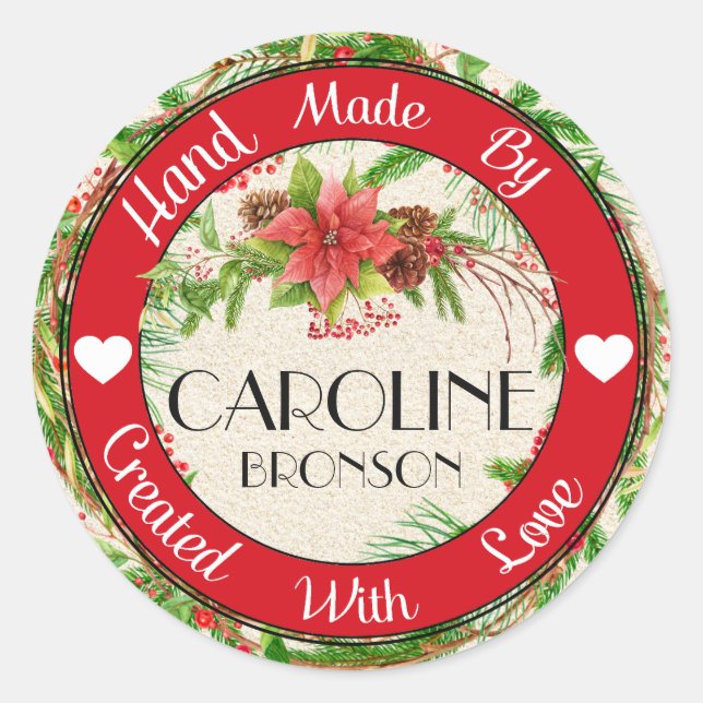 Rond Sticker De Noël Fabriqué À La Main Avec Amour (Devant)