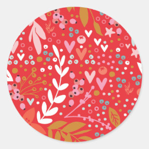 Rond Sticker de Noël Floral Rouge