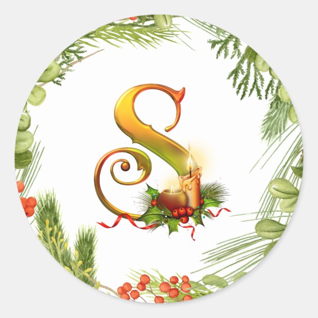 Rond Sticker de Noël monogramme avec couronne (Devant)