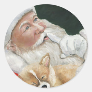 Rond Sticker de Noël père Noël et Corgi Pup