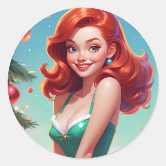 Rond Sticker de Noël Pin-up fille, Redhead ROUND (Devant)