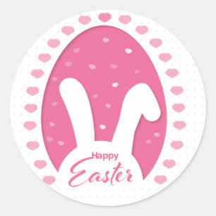 Rond Sticker de Pâques mignon lapin rose et coeurs