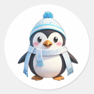 Rond Sticker de pingouin avec foulard et neige