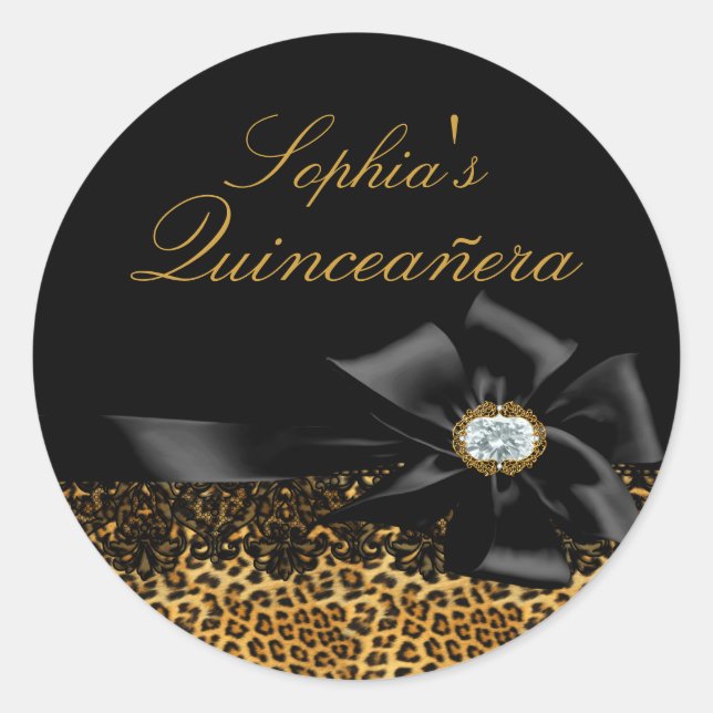 Rond Sticker de Quinceanera Leopard et Bow noir (Devant)