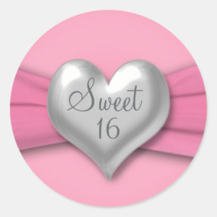 Rond Sticker de Sweet sixteen de coeur rose et en eau d