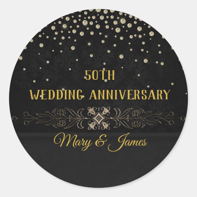 Rond Sticker Diamond Gold Floral Black 50th Anniversary (Devant)