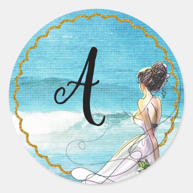 Rond Sticker d'illustration de mariage de plage (Devant)