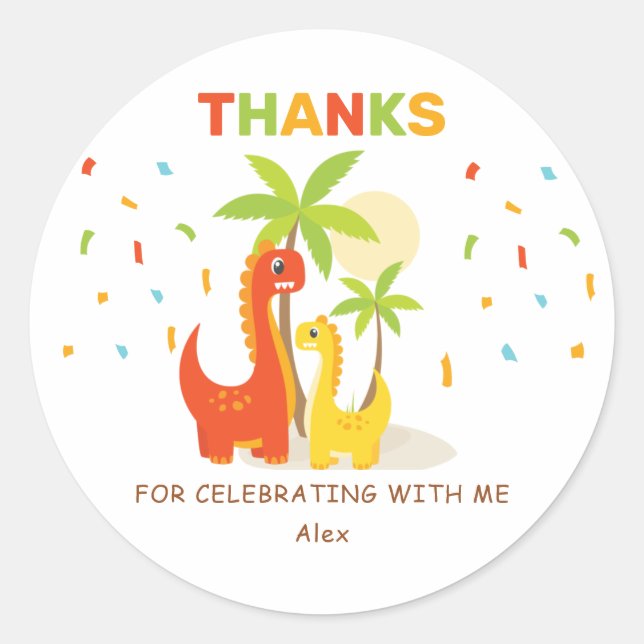 Rond Sticker Dinosaur Personnalisé Merci Anniversaire (Devant)