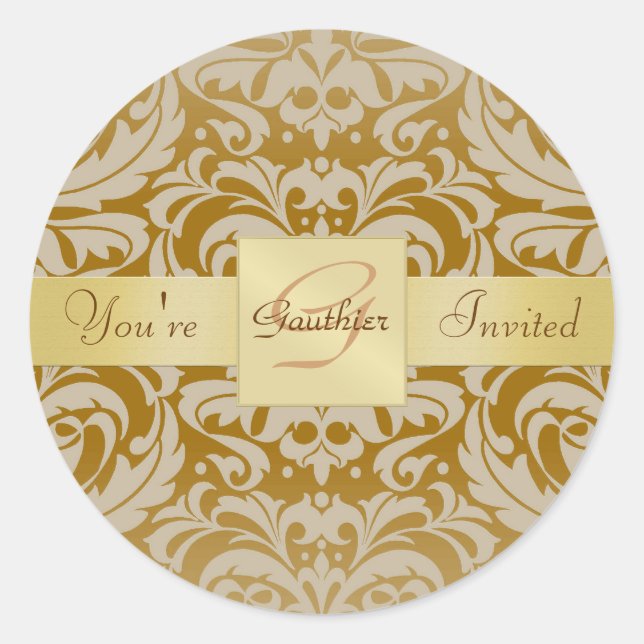 Rond Sticker d'invitation en or Monogramme Tan Damask (Devant)