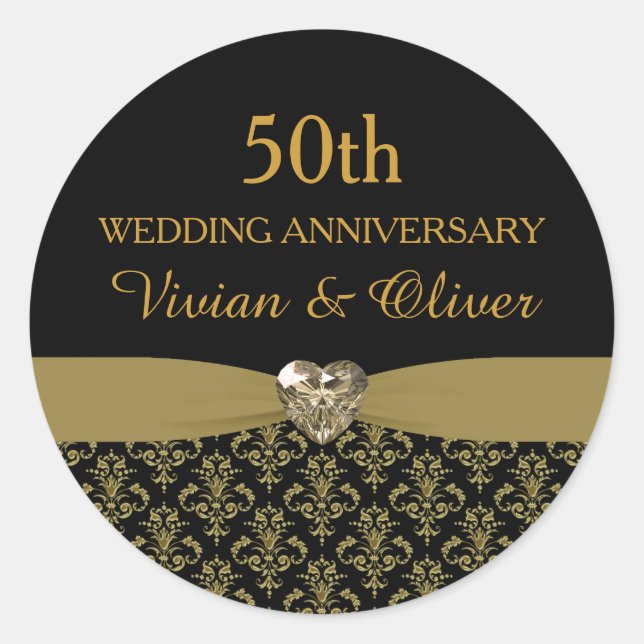 Rond Sticker du 50e anniversaire du Mariage Gold Damask (Devant)