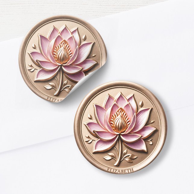 Rond Sticker Effet de cire rose Lotus Blossom Or (Pink Lotus Blossom Gold Wax Seal Effect Sticker)