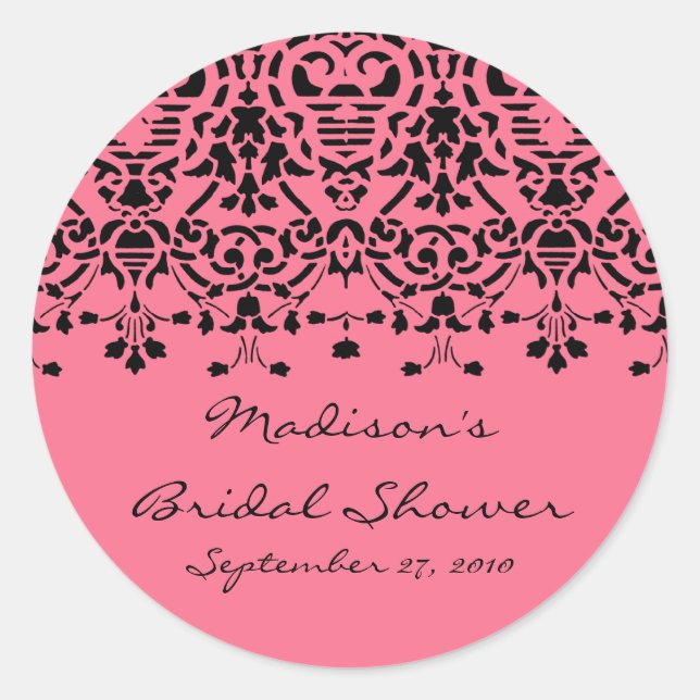Rond Sticker Elegant Rose & Black Damask Bride (Devant)