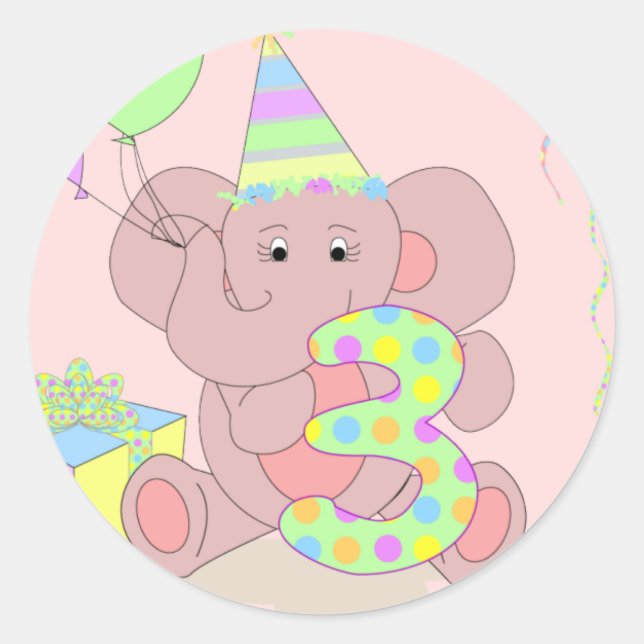 Rond Sticker Eléphant 3e anniversaire pour filles (Devant)