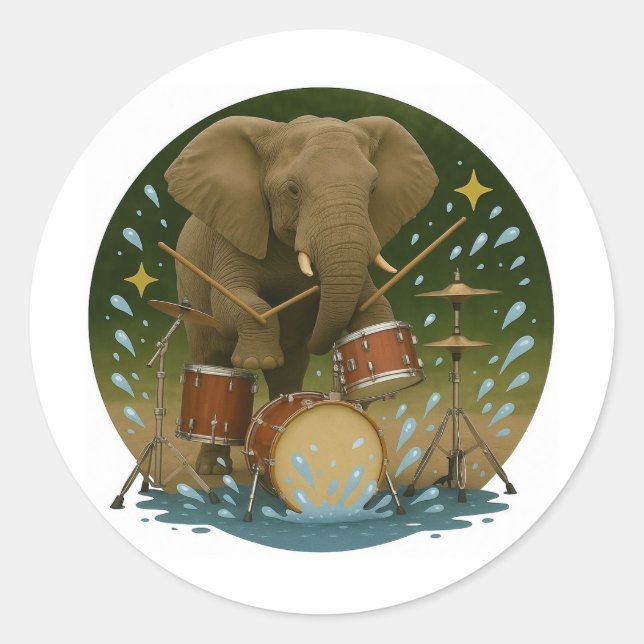 Rond Sticker : Elephant Jouer des tambours dans un bain (Devant)
