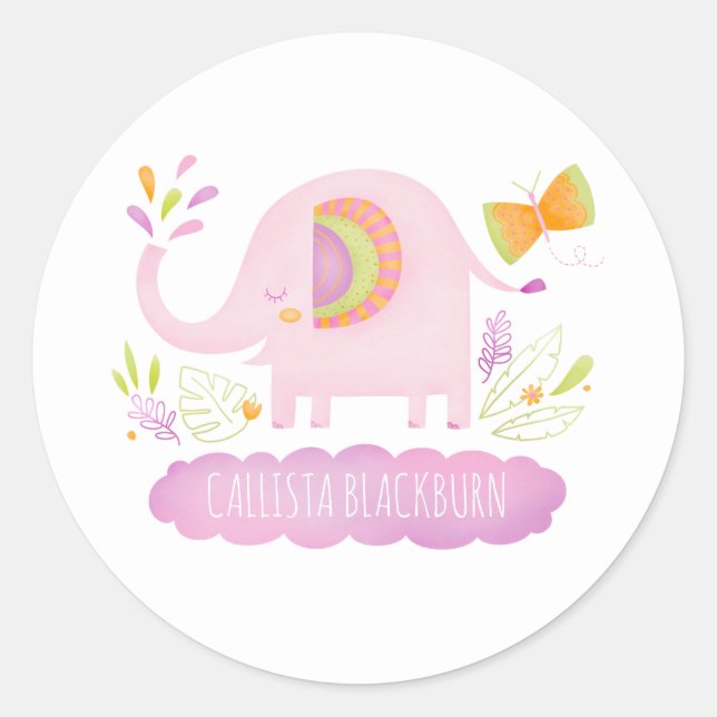 Rond Sticker Eléphant Rose Cute Personnalisé (Devant)