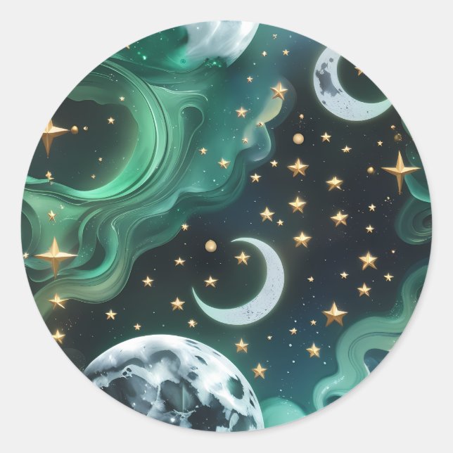 Rond Sticker - Emerald Green Celestial Moon Mystic Luna (Devant)