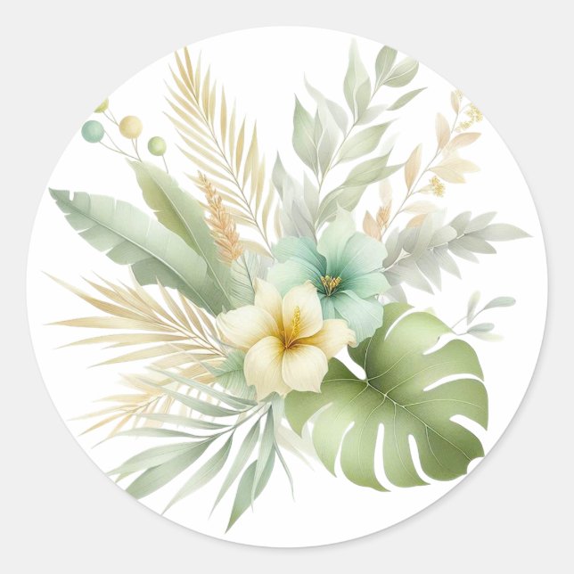 Rond Sticker en aquarelle douce Feuilles et fleurs trop (Devant)