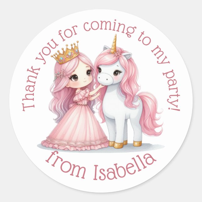 Rond Sticker en aquarelle florale Princess and Unicorn (Devant)