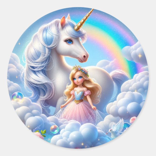 Rond Sticker en arc-en-ciel Unicorn Princess, Pastel Fa (Devant)