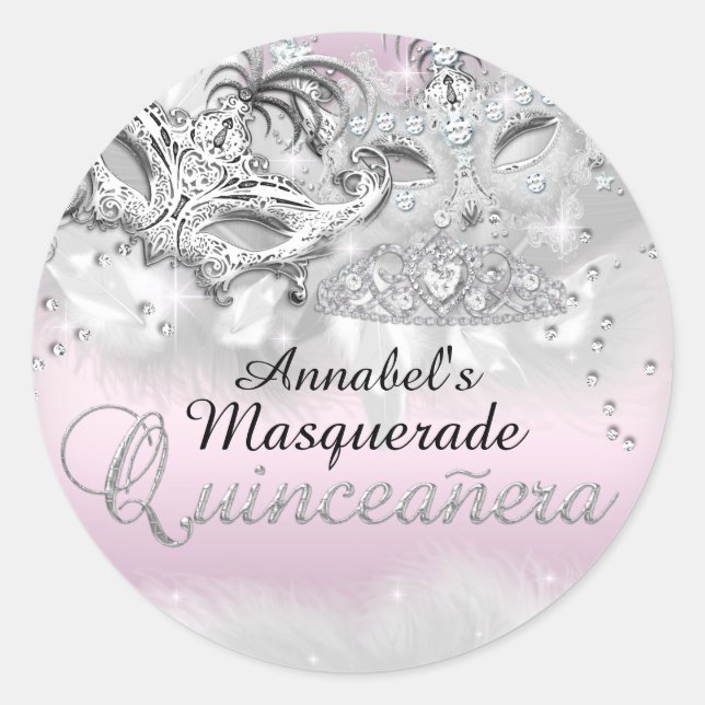 Rond Sticker en argent rose Masquerade Quinceanera (Devant)