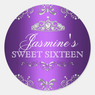 Rond Sticker en argent violet Damask & Tiara Sweet 16
