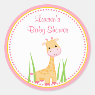 Rond Sticker en Baby shower de girafe rose Favoriser