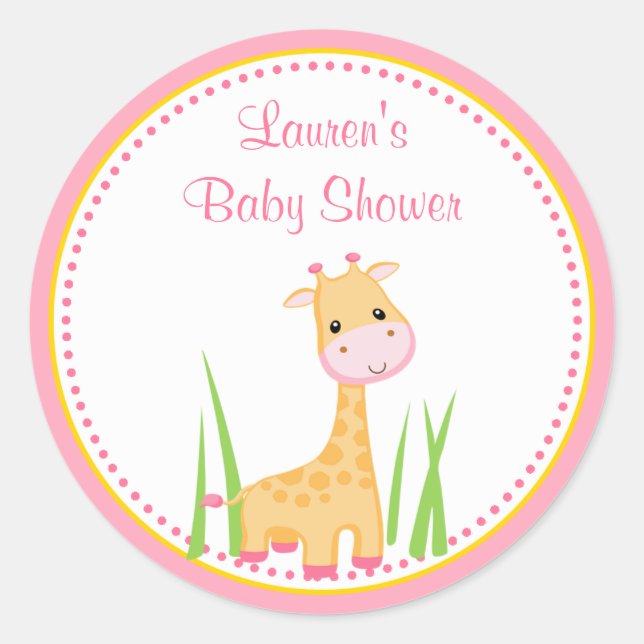 Rond Sticker en Baby shower de girafe rose Favoriser (Devant)