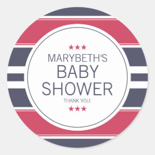Rond Sticker en Baby shower rouge, blanc et bleu Preppy