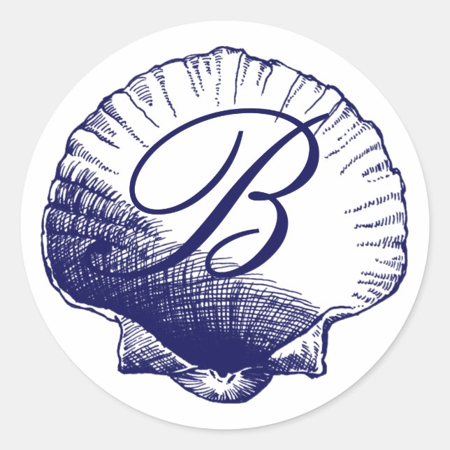Rond Sticker en coquille marine Monogrammé bleu (Devant)